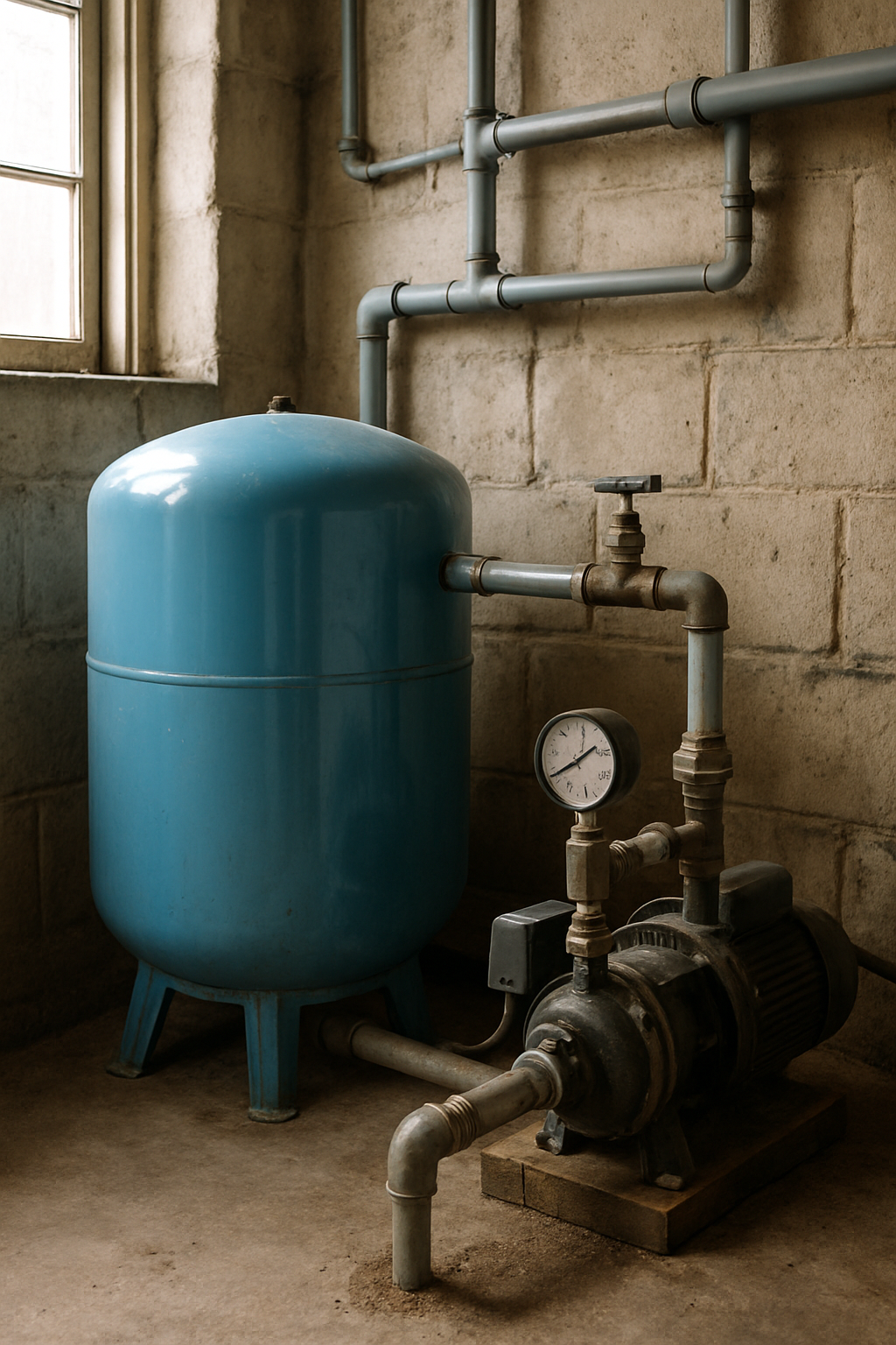 A residential well pressure tank in a basement utility room — most 'dead well pump' symptoms are actually a waterlogged pressure tank.