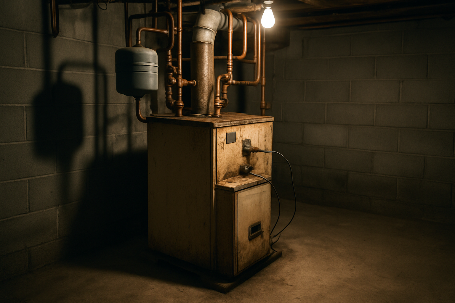 Aging residential boiler in a basement mechanical room — copper piping, expansion tank, dim utility light. The question every homeowner with an old system eventually asks: replace or repair?
