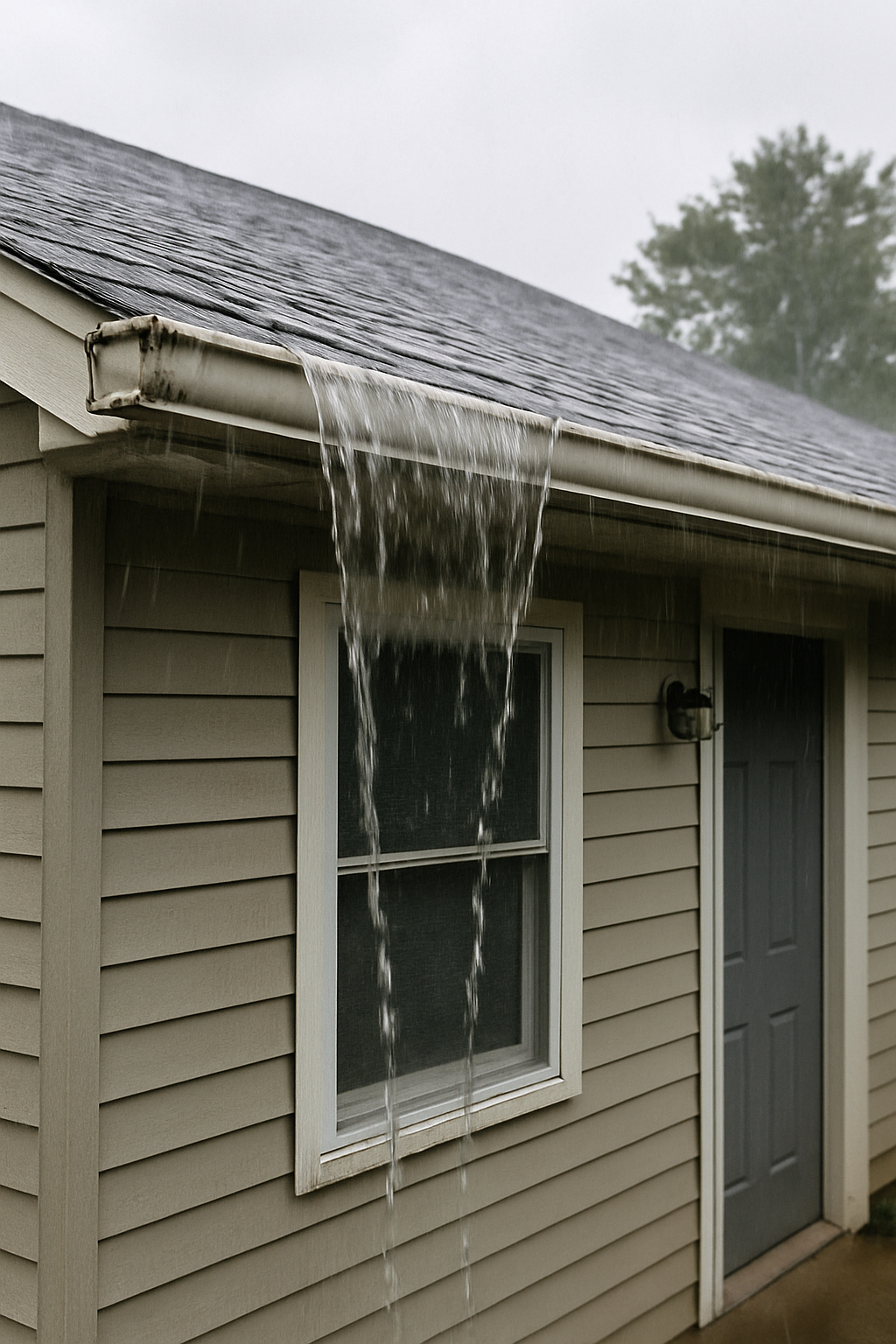 Rain overflowing the front lip of a gutter — dramatic, but usually a clog rather than a reason to replace.