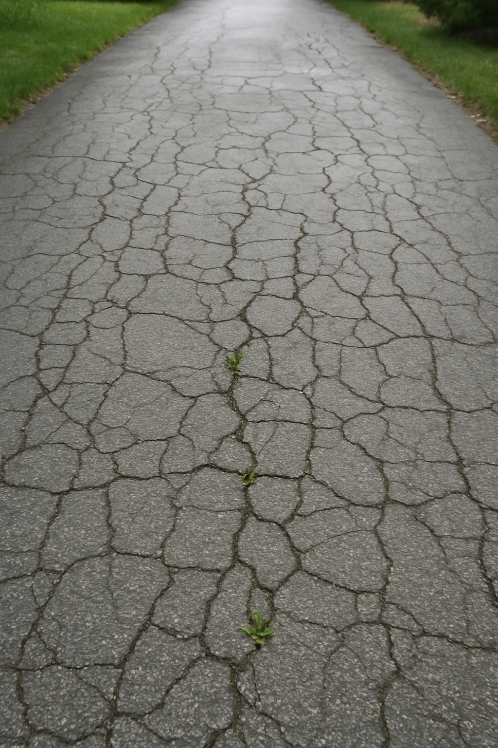 A weathered, cracked asphalt driveway — usually a seal-and-fill job, not the teardown a contractor might quote.