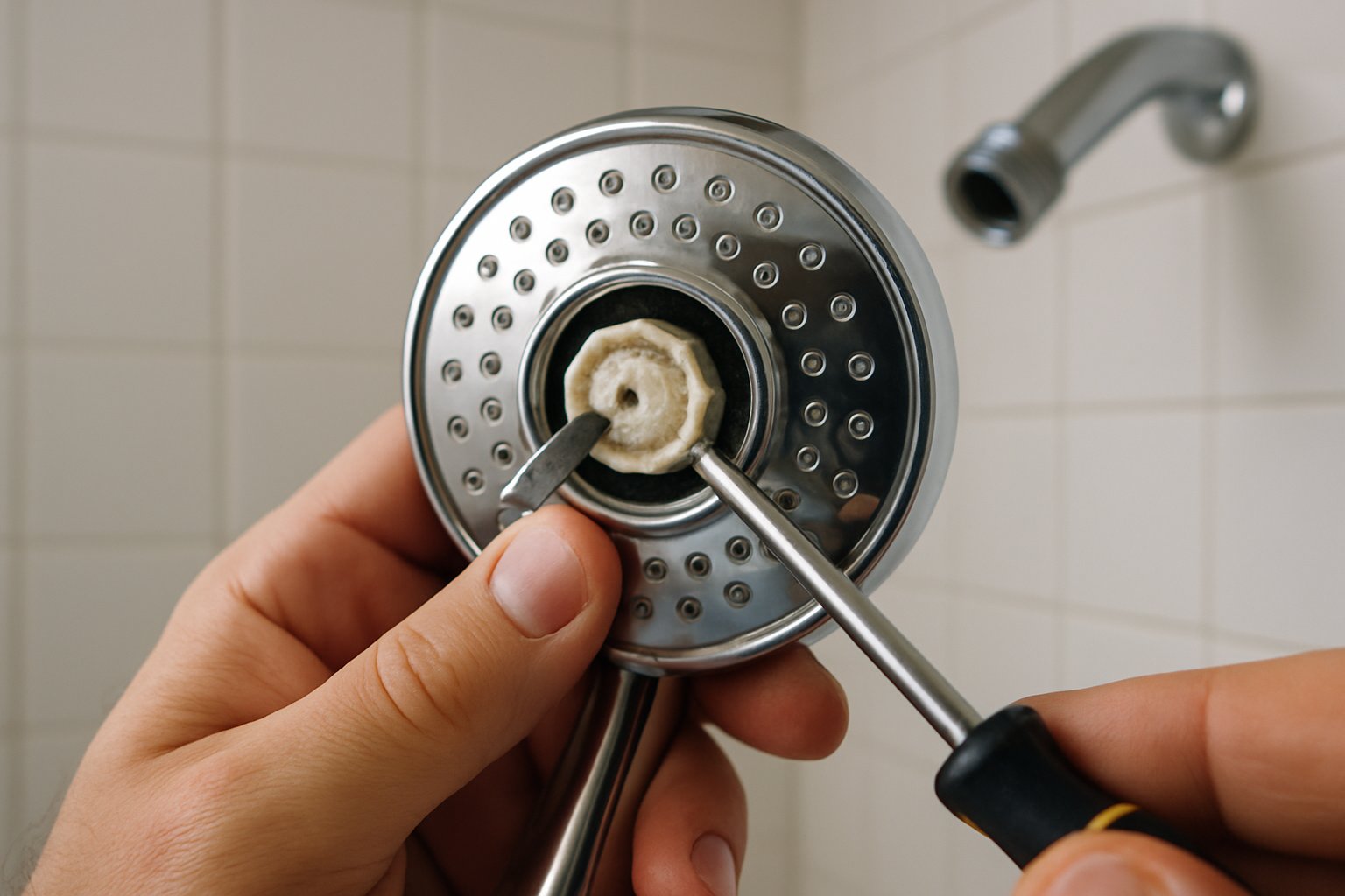 A removed shower head showing a clogged flow restrictor disc with mineral buildup.