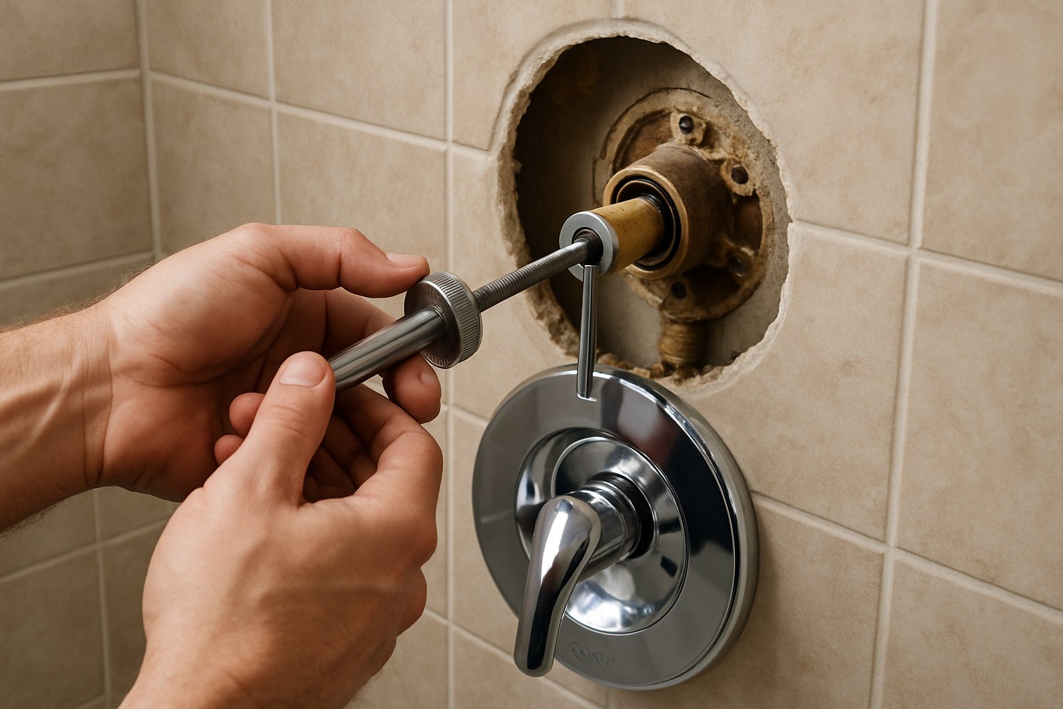 A single-handle shower valve with trim removed and the brass cartridge being pulled out.