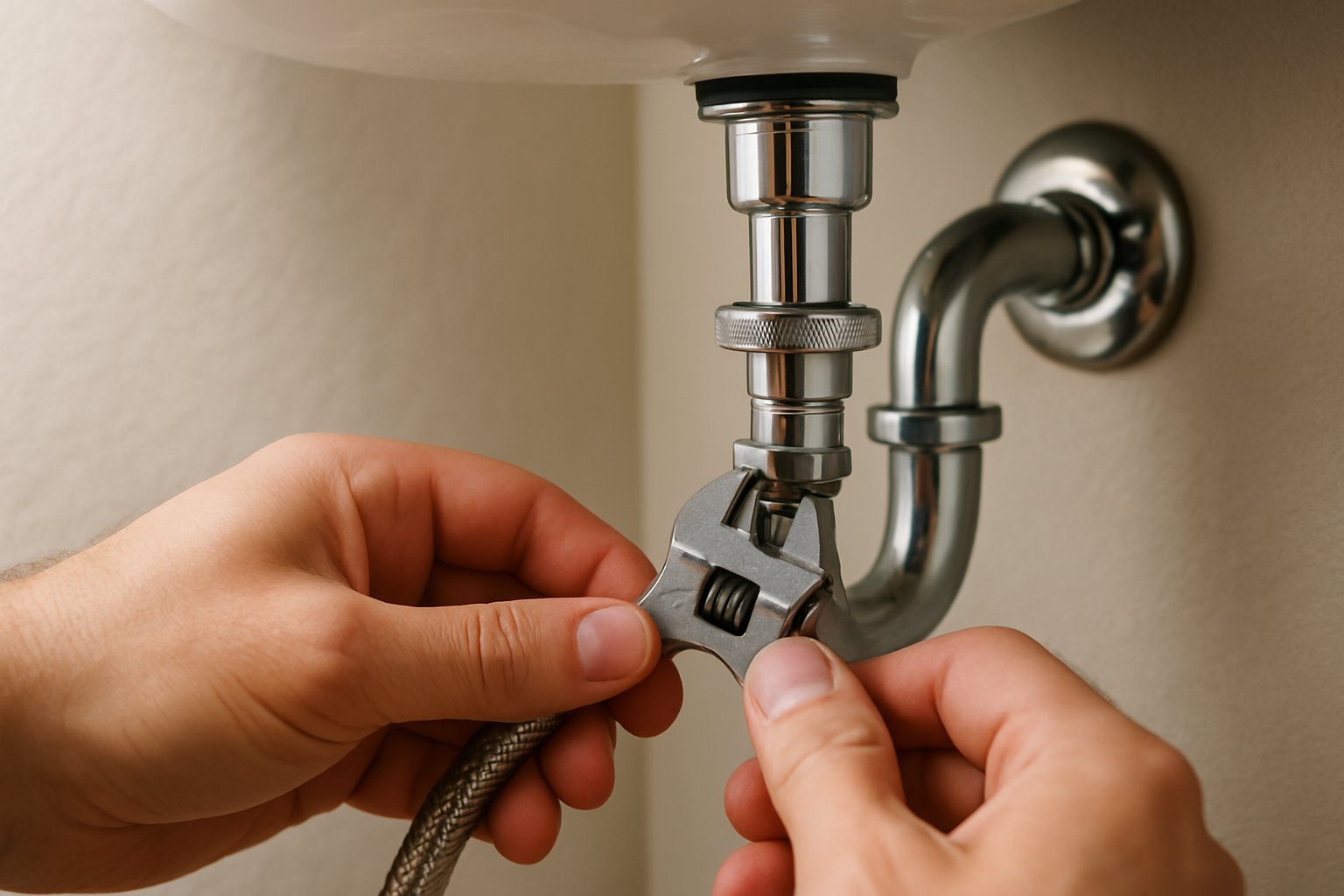 A braided stainless steel supply line being connected to a faucet shutoff valve under a bathroom sink.