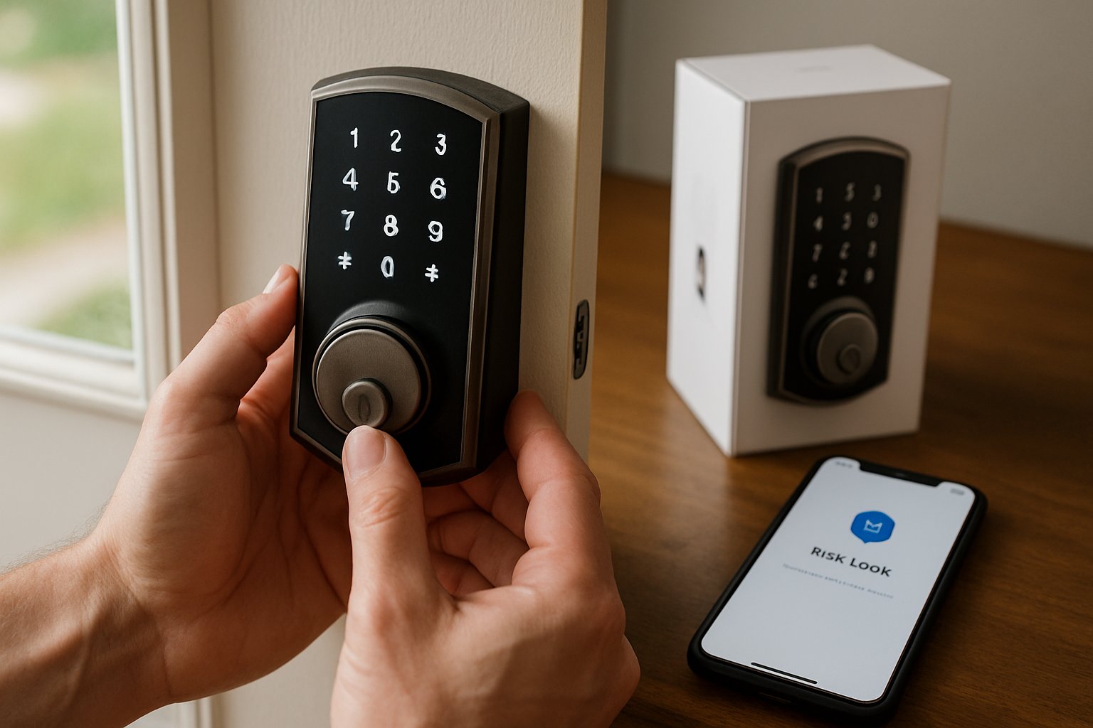 A homeowner setting up a smart-home connected deadbolt on a front door, with a smartphone pairing app and product packaging nearby.