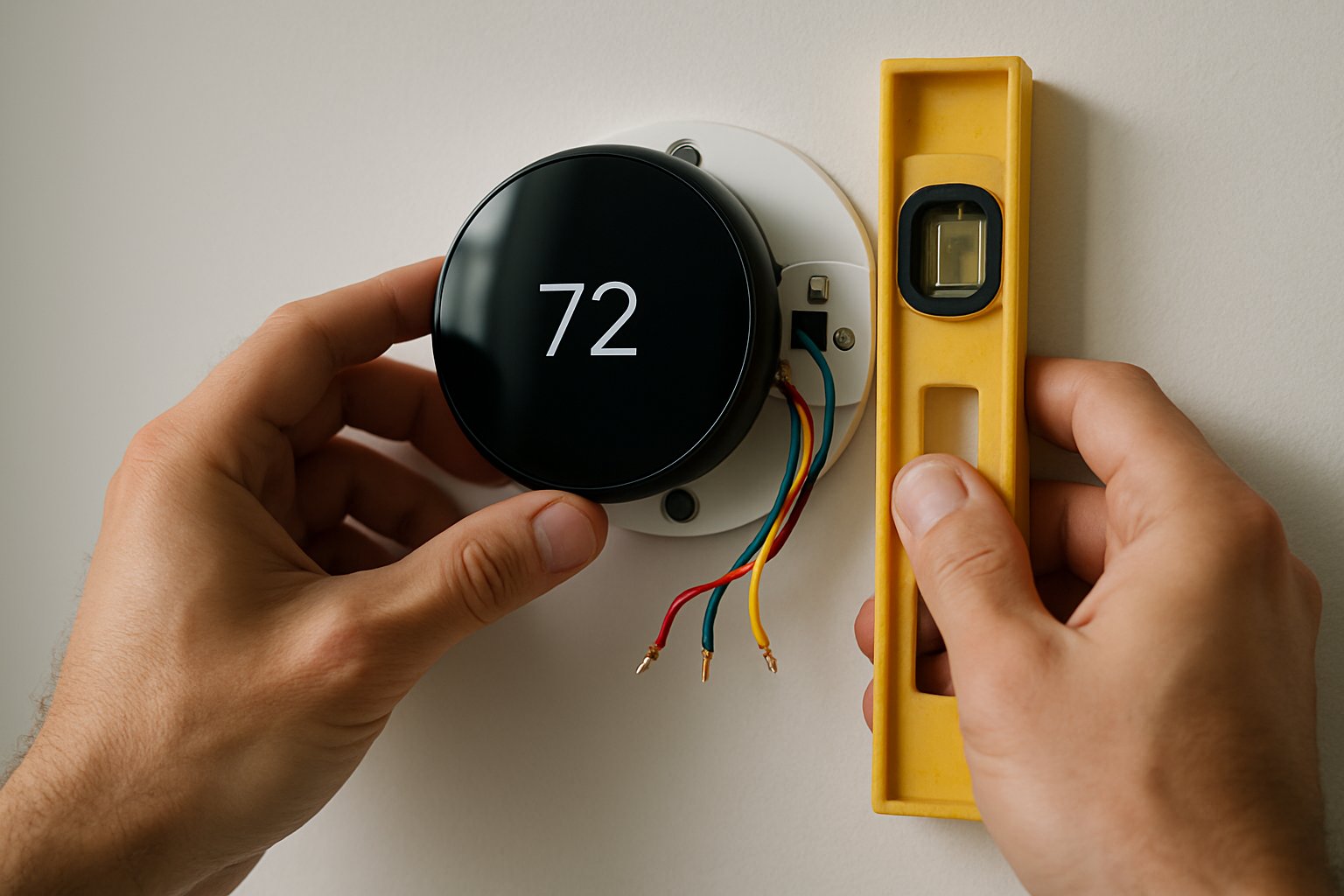 A round smart thermostat being installed on a wall with HVAC wires color-labeled and a level for alignment.