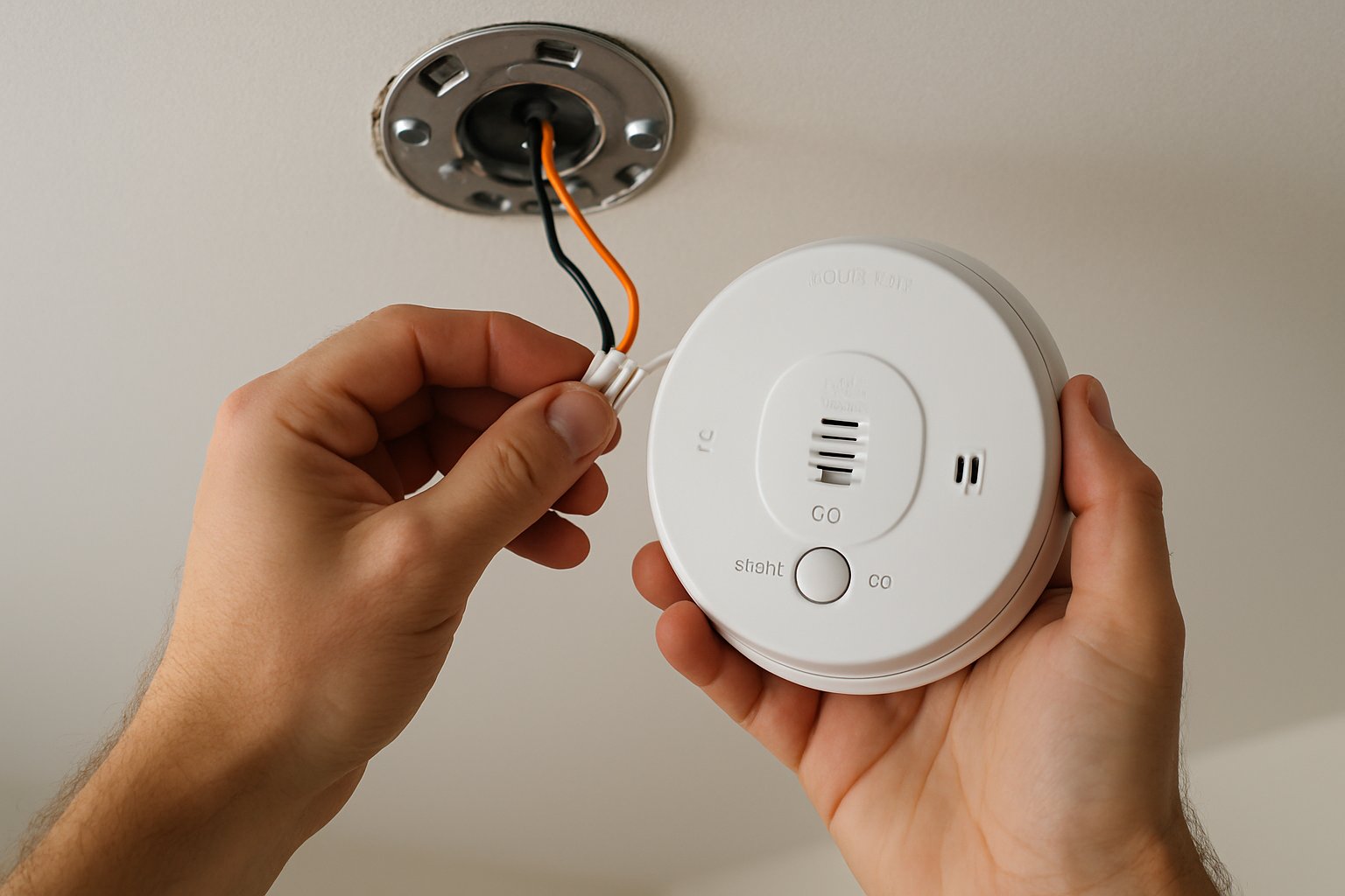 A combination smoke and CO detector being mounted to a ceiling, with the wiring harness being connected.