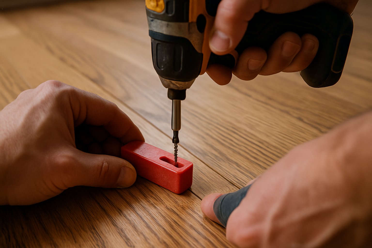 A trim-head screw being driven through a hardwood floor into the joist below using a breakaway-screw kit.