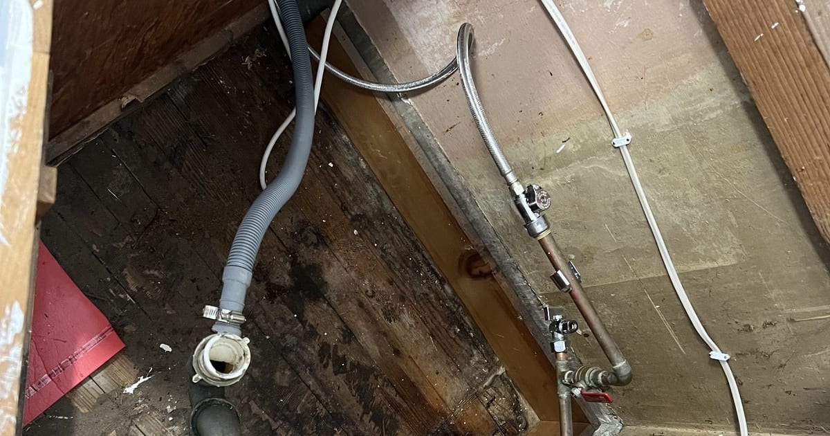 Opened-up floor showing washing machine drain hose, braided supply lines, and copper shutoffs.
