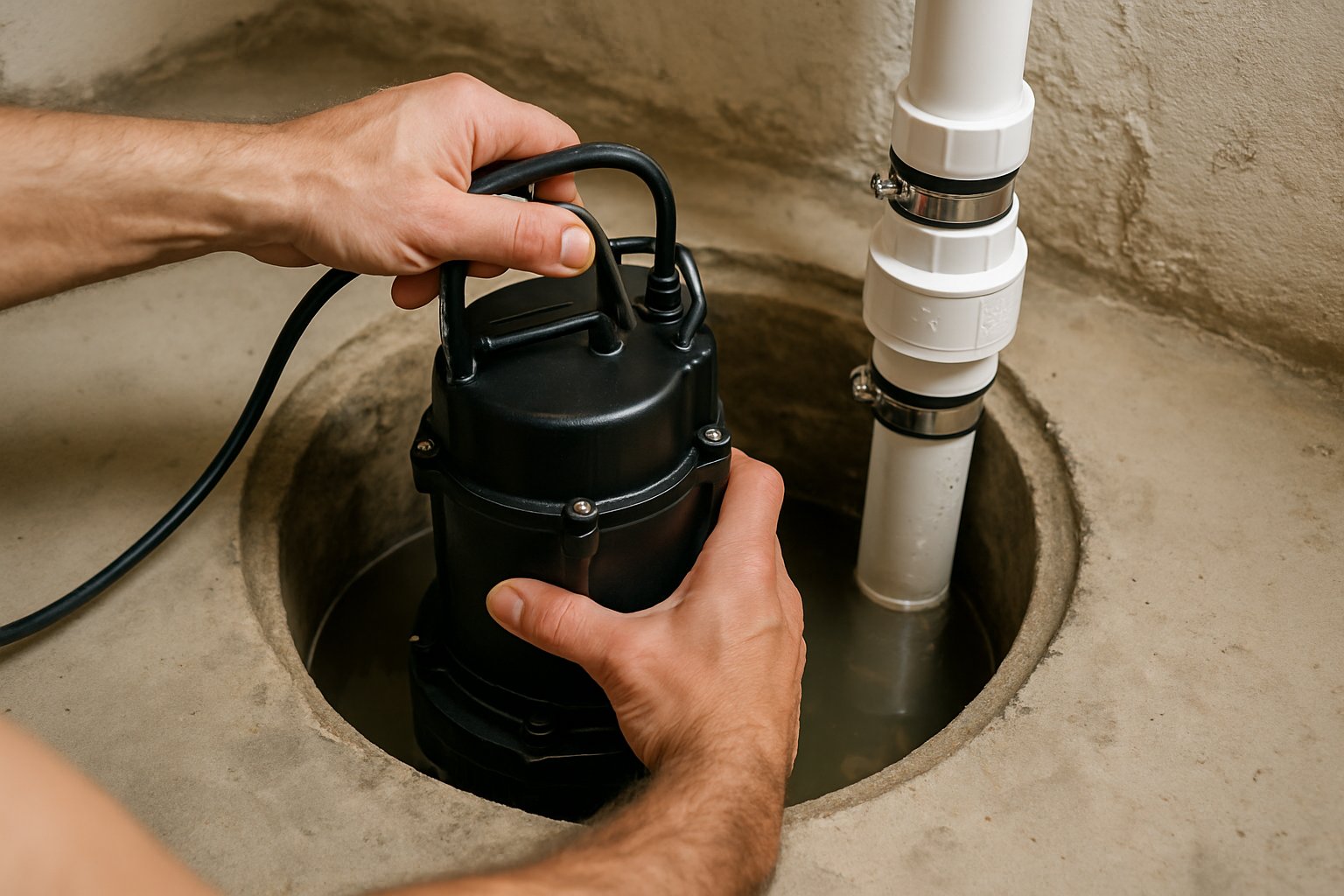 A submersible sump pump being lowered into a sump pit with the new check valve and PVC discharge pipe above.