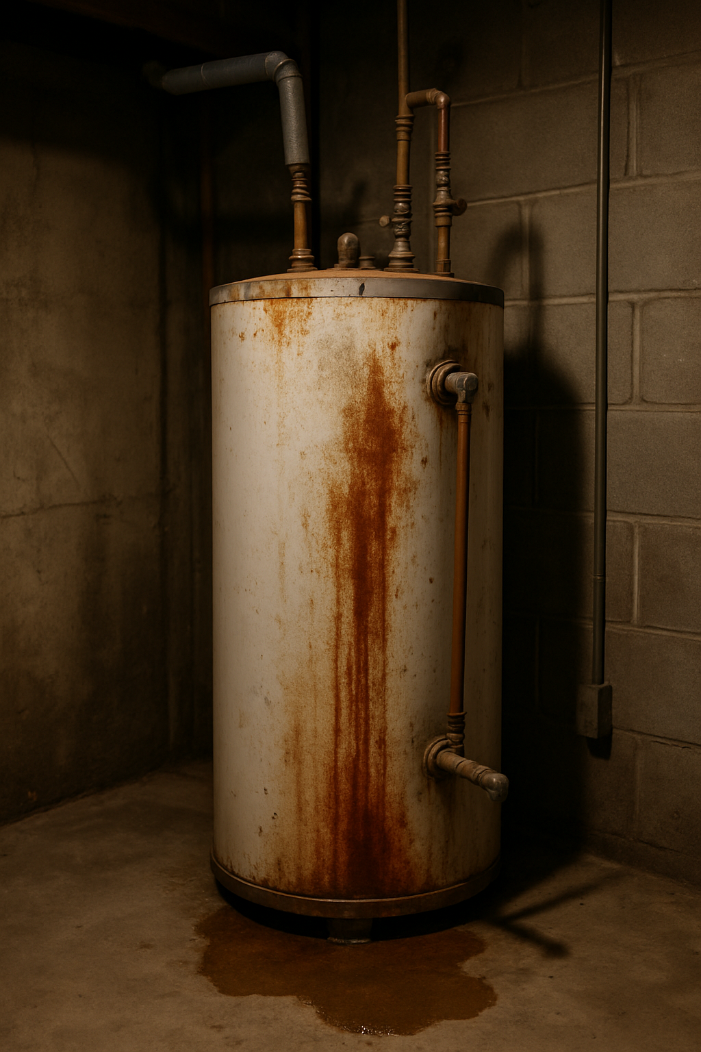 An old tank water heater at the end of its life — the moment everyone gets pushed toward tankless, whether it fits the house or not.