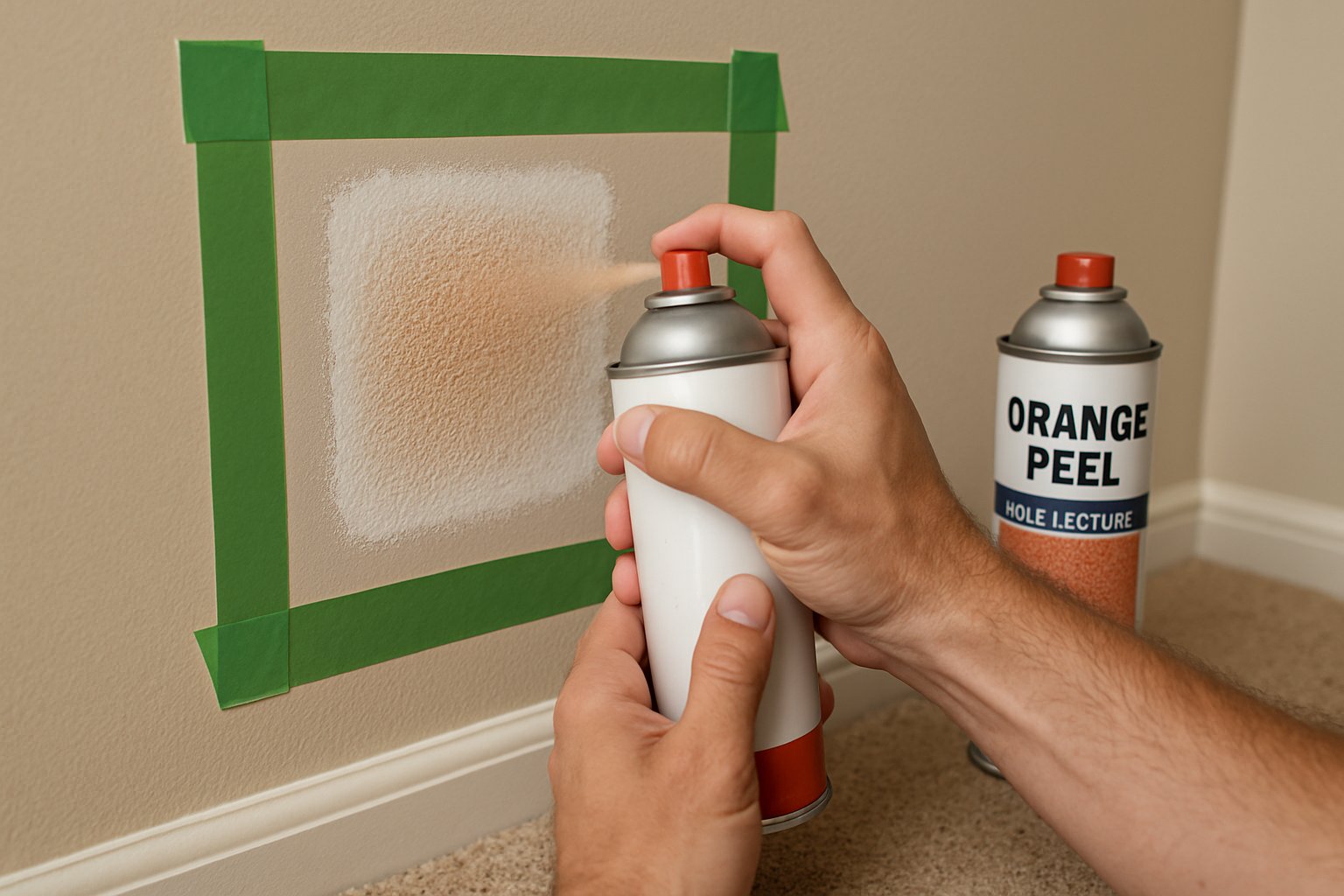A homeowner applying orange-peel texture spray to a drywall patch with painter's tape masking the surrounding wall.