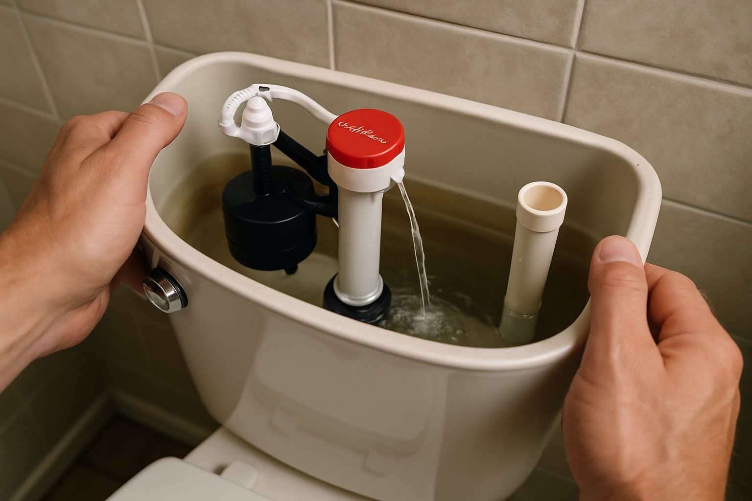 Inside a toilet tank showing a fill valve mid-fill with the cup float and overflow tube visible.