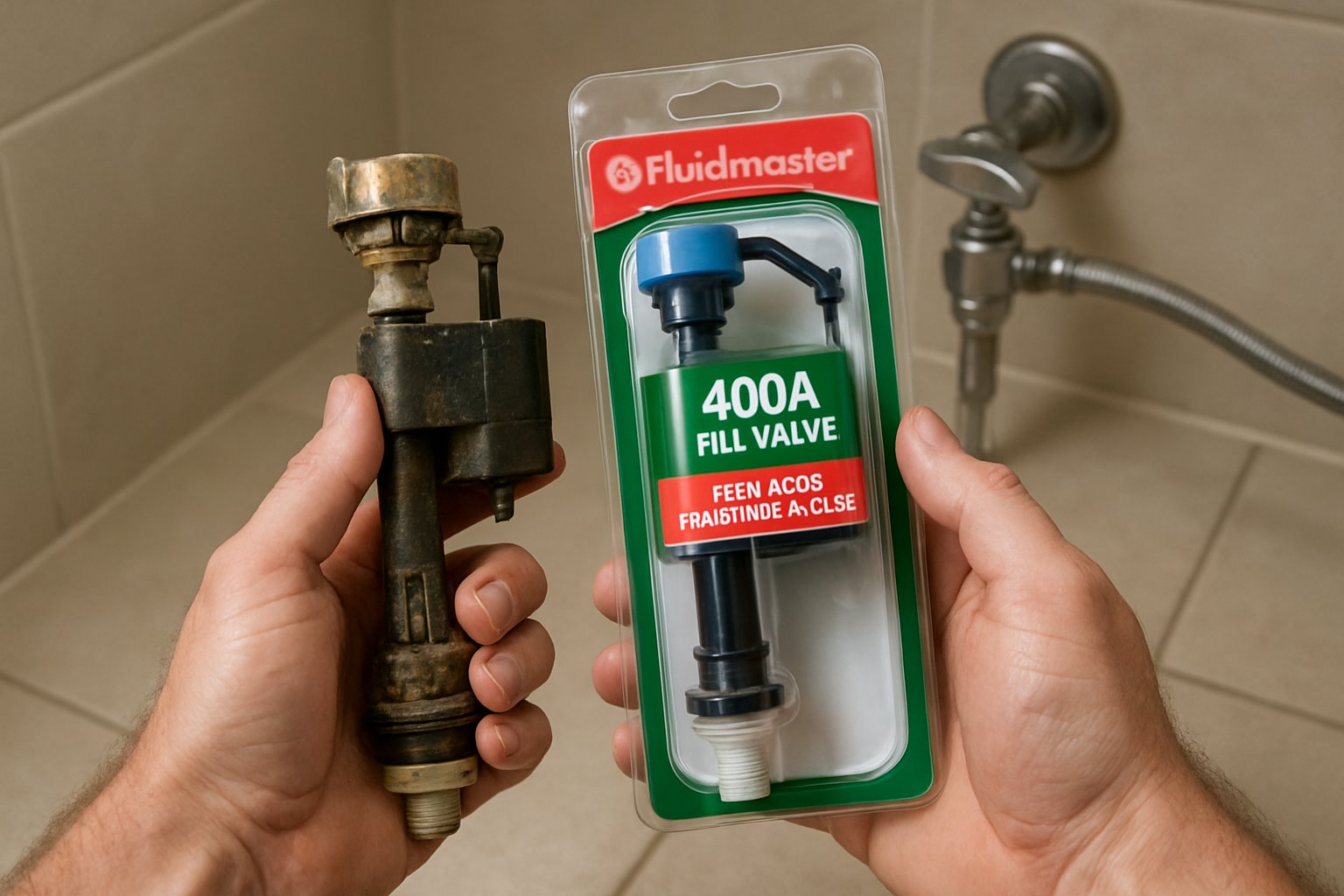 A new Fluidmaster fill valve held next to an old corroded one with shutoff valve in background.
