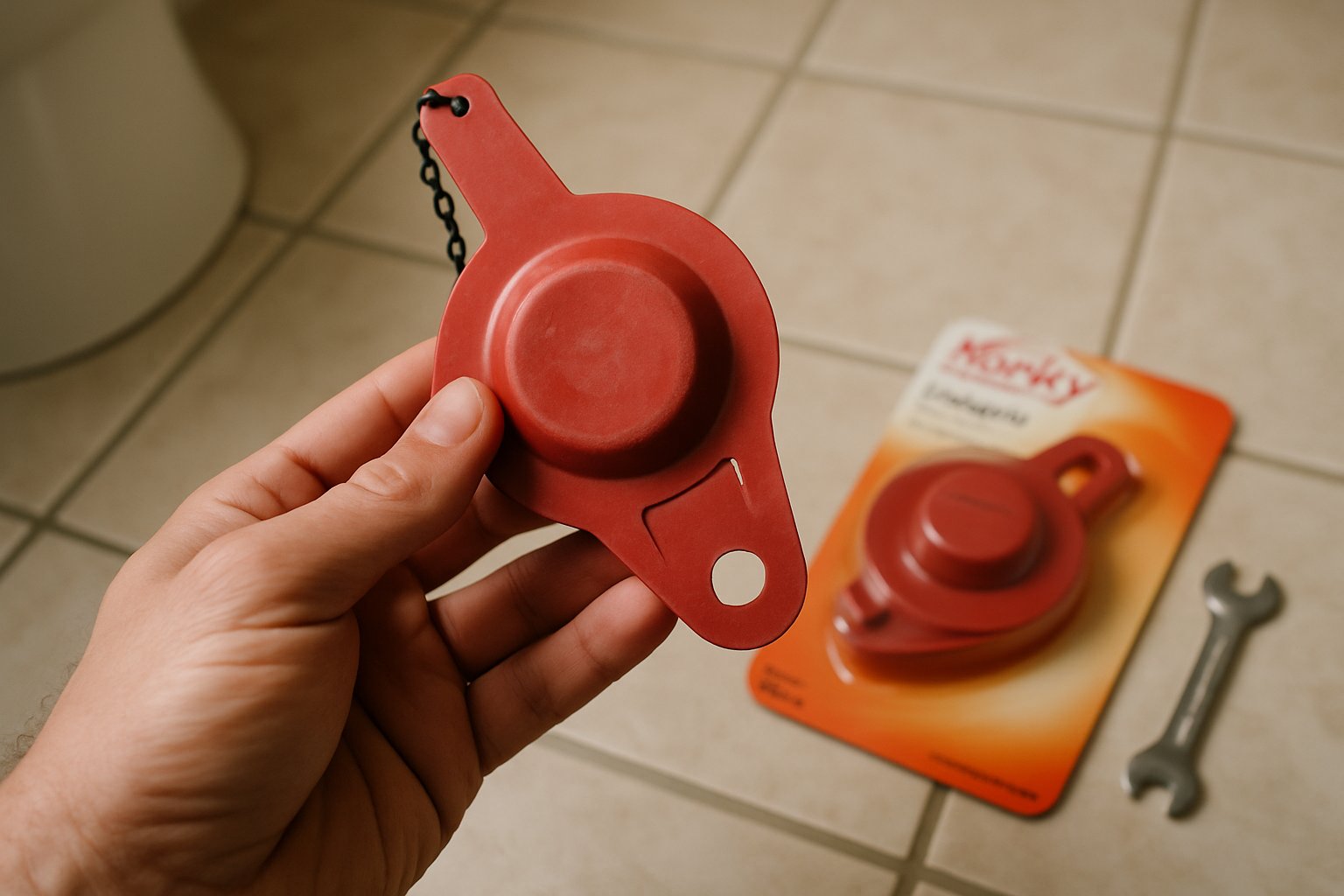 A red rubber toilet flapper held up by hand with a new replacement in its packaging on the bathroom floor.
