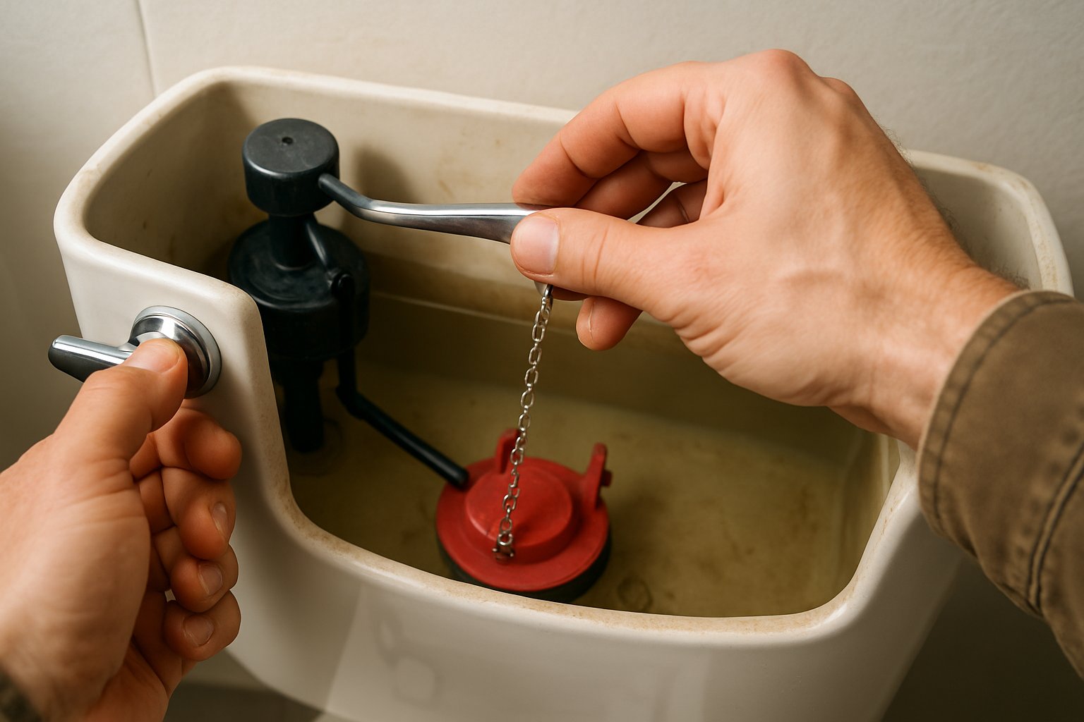 Hand lifting a toilet tank's flush lever, showing the chain connected to the flapper at the bottom.
