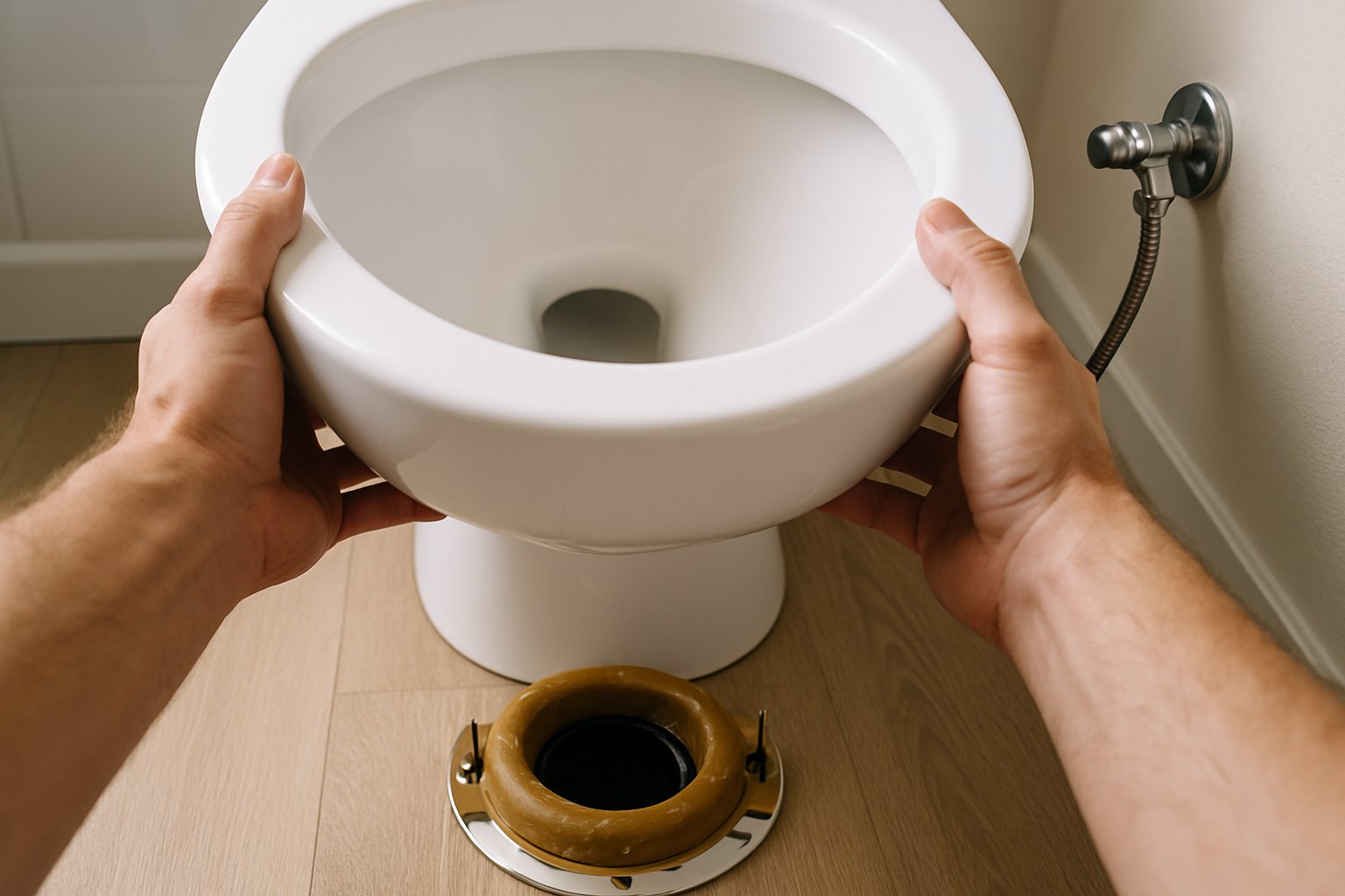 A new white porcelain toilet being lowered onto a wax ring on the toilet flange.
