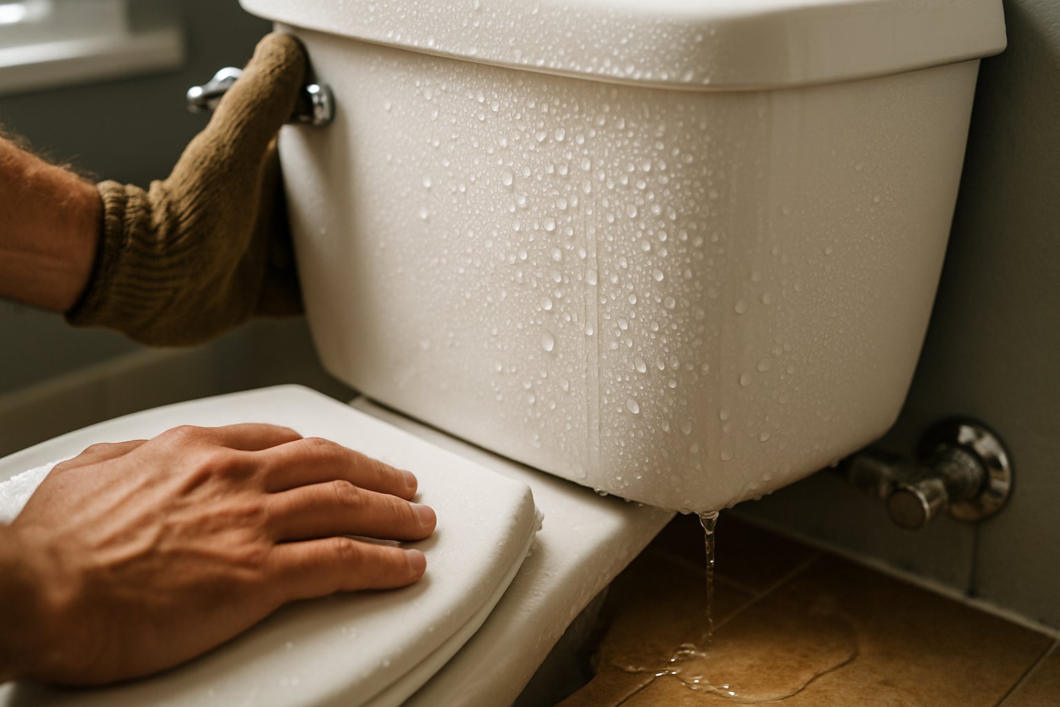 Beads of condensation on the outside of a white porcelain toilet tank with droplets running down to the floor.