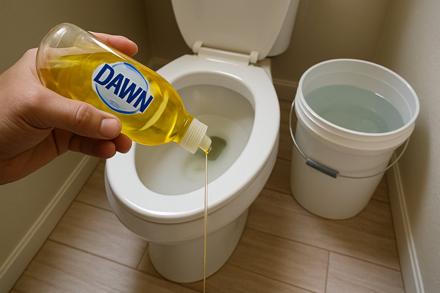 Dish soap being poured into a toilet bowl with a bucket of warm water nearby on the bathroom floor.