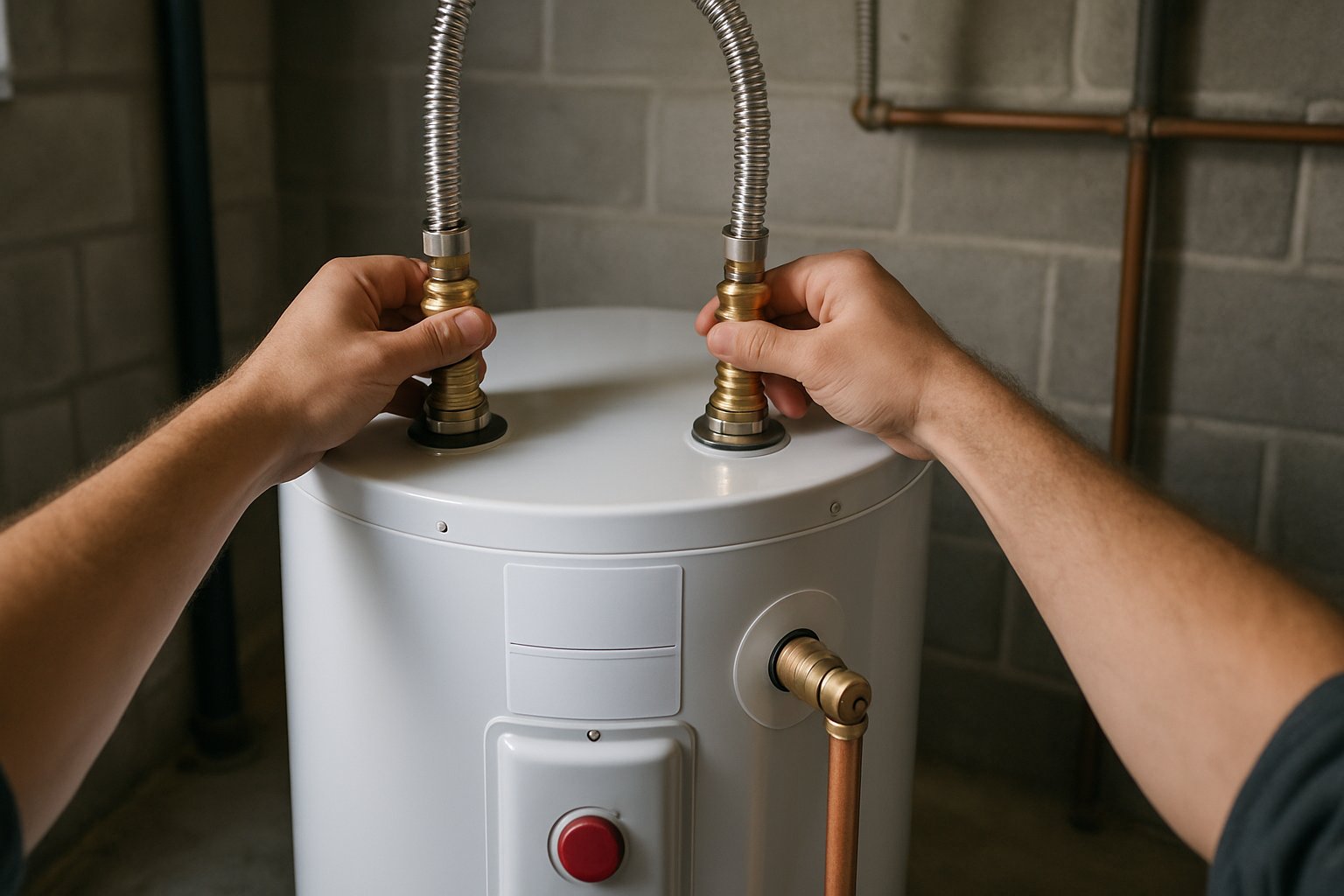 A new white electric water heater in a basement with the supply lines being connected at the top.