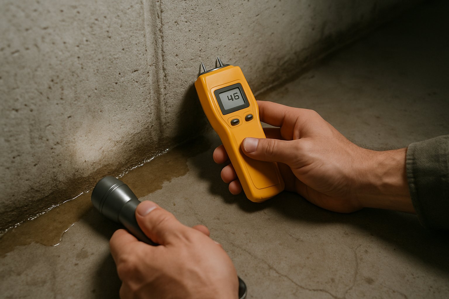 A basement floor with water seeping along the wall-to-floor joint, with a moisture meter being used to test the wall.