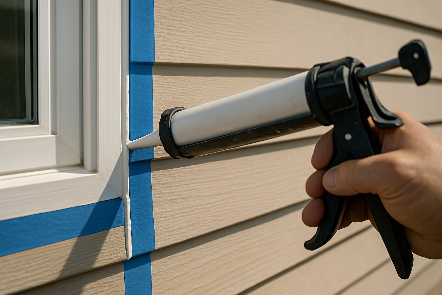 A caulk gun applying a clean bead of white silicone to the joint between a window frame and exterior siding.