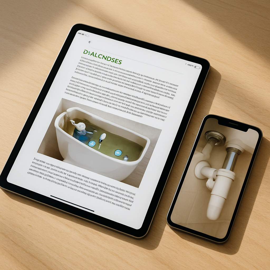 Tablet showing a Hammond Re-Engineered diagnostic report with a photo of a toilet annotated with numbered callouts.