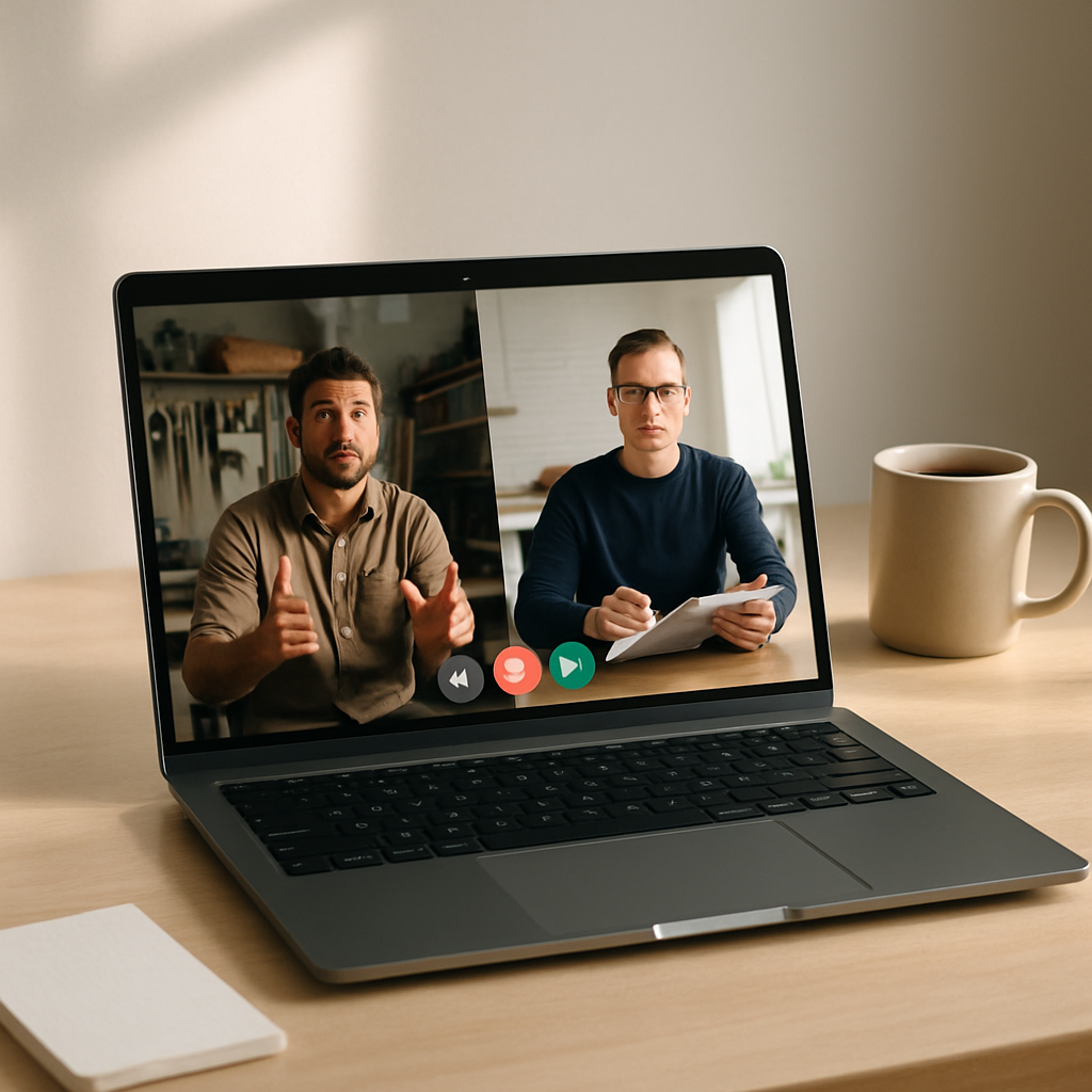 Laptop showing a two-pane video call interface — Jason in his workshop on the left, a homeowner with a clipboard at a kitchen table on the right.