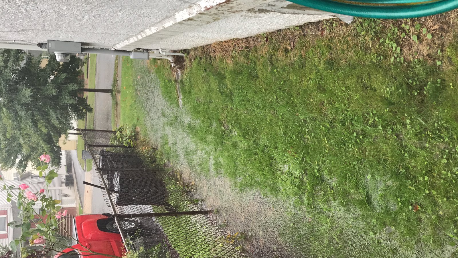 Heavy rain pooling along the fence line — exactly the spot I had to fix.