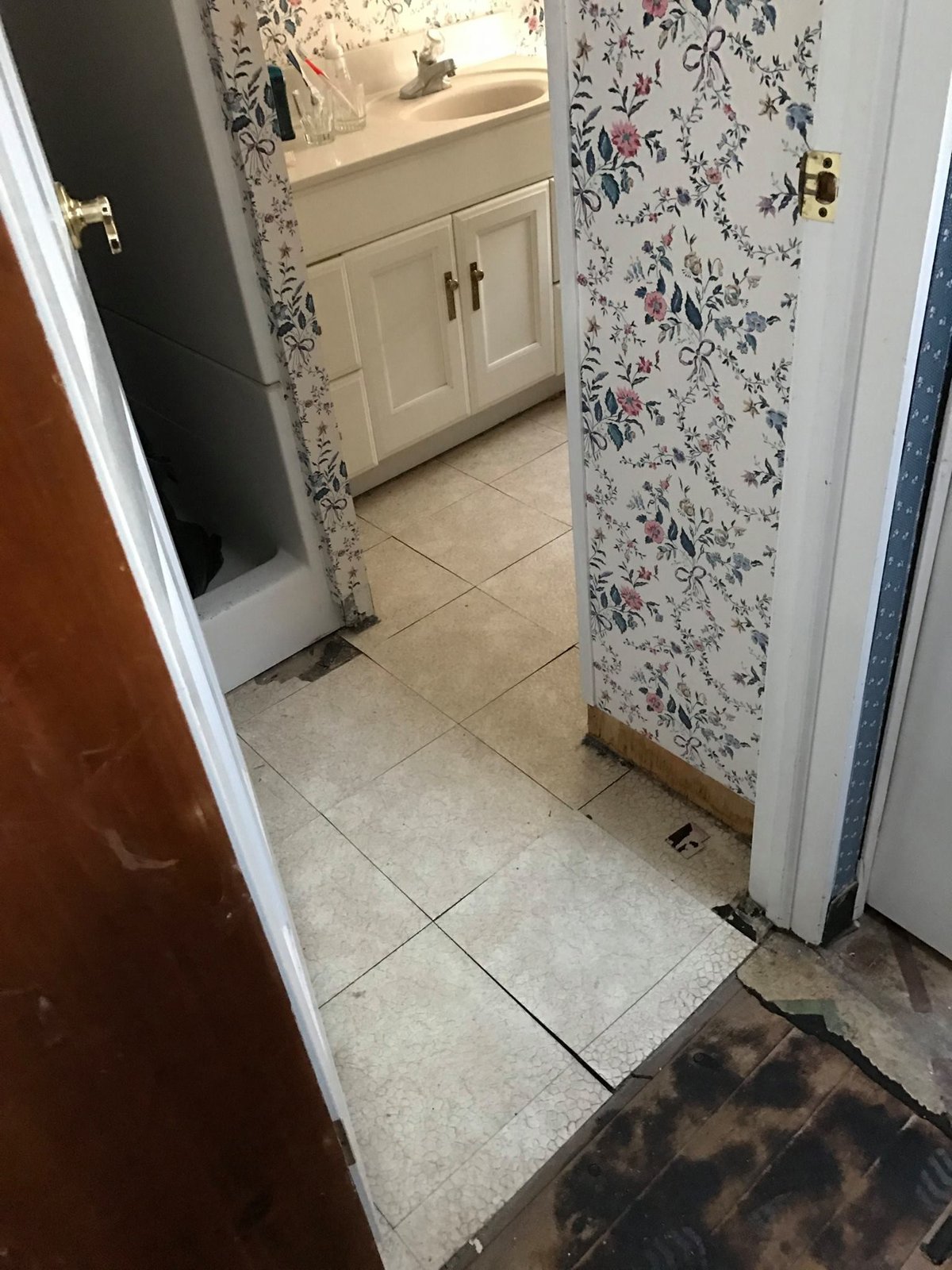 Original main bath: floral wallpaper, vinyl tile, vanity rotting at the base.