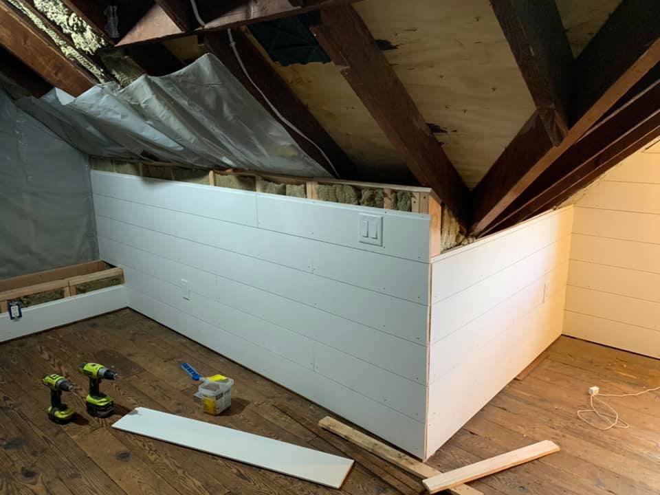 First runs of shiplap going on the kneewall over the insulated framing.