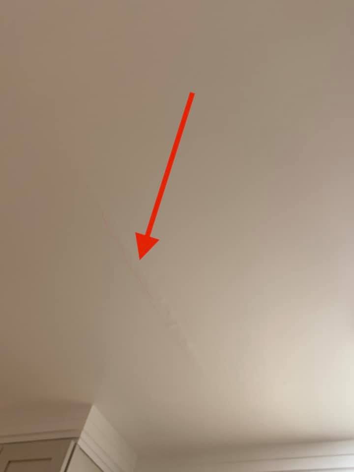 Hairline crack running down the corner seam. Where I started chasing the leak from.