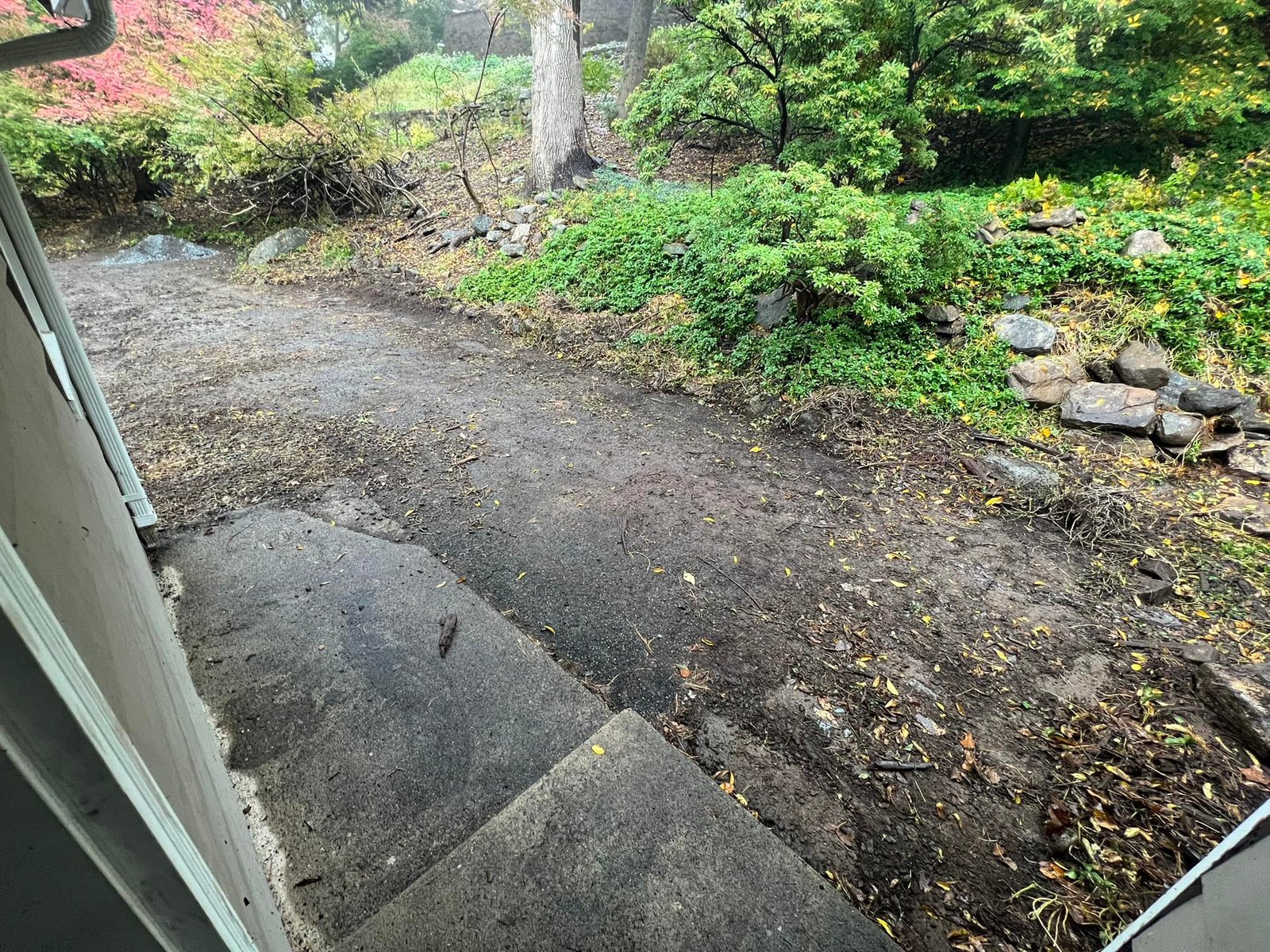 From the doorway looking out at graded dirt before any pavement. This was the staging area for everything before it.