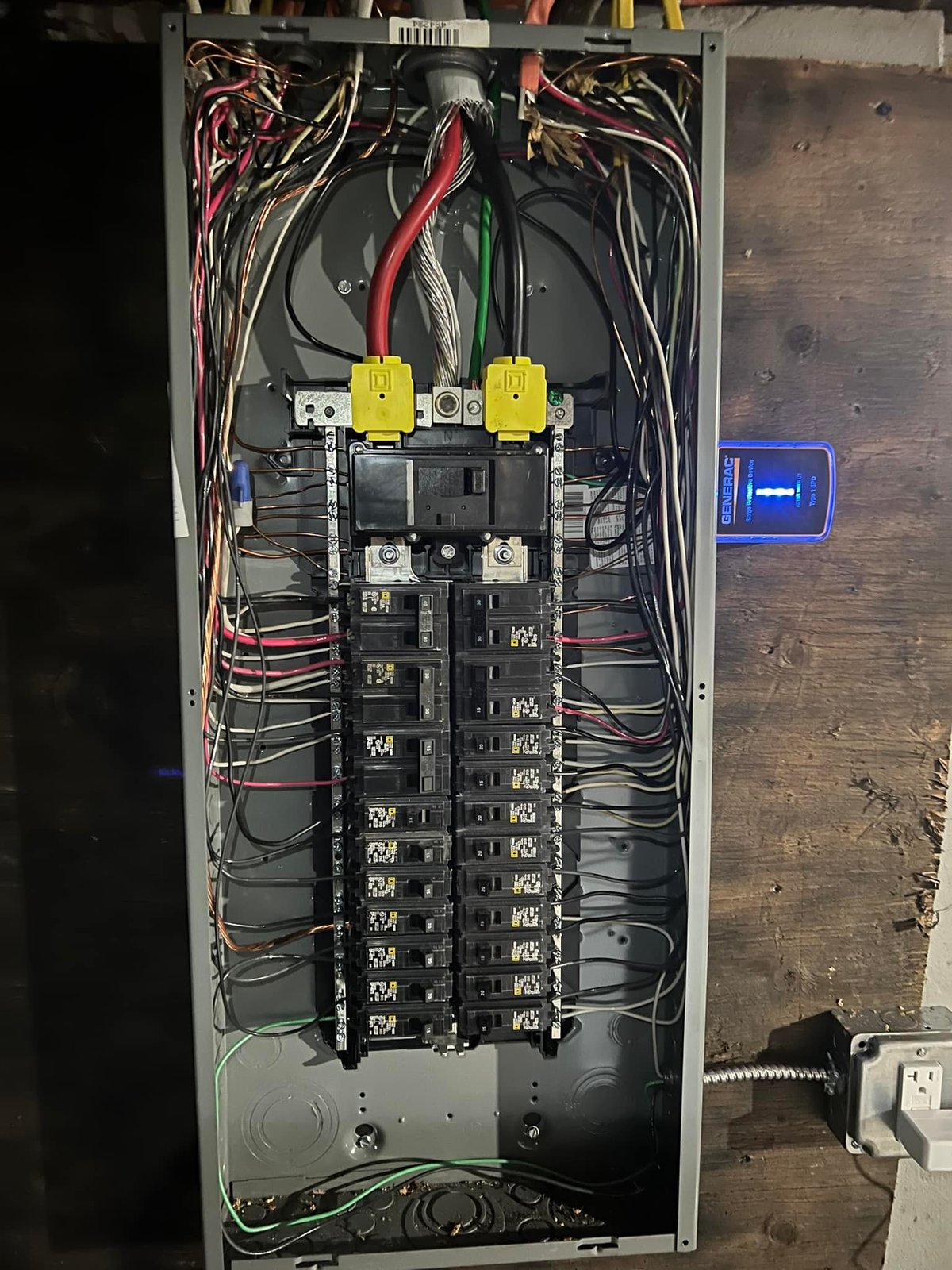 Panel open with the new Generac surge protector wired in alongside the breakers.