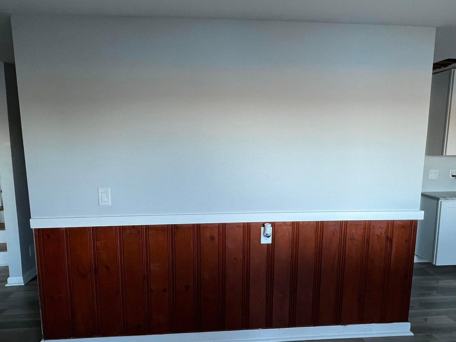 Before shot — beadboard wainscoting and painted plaster. The whole main floor needed to come apart.