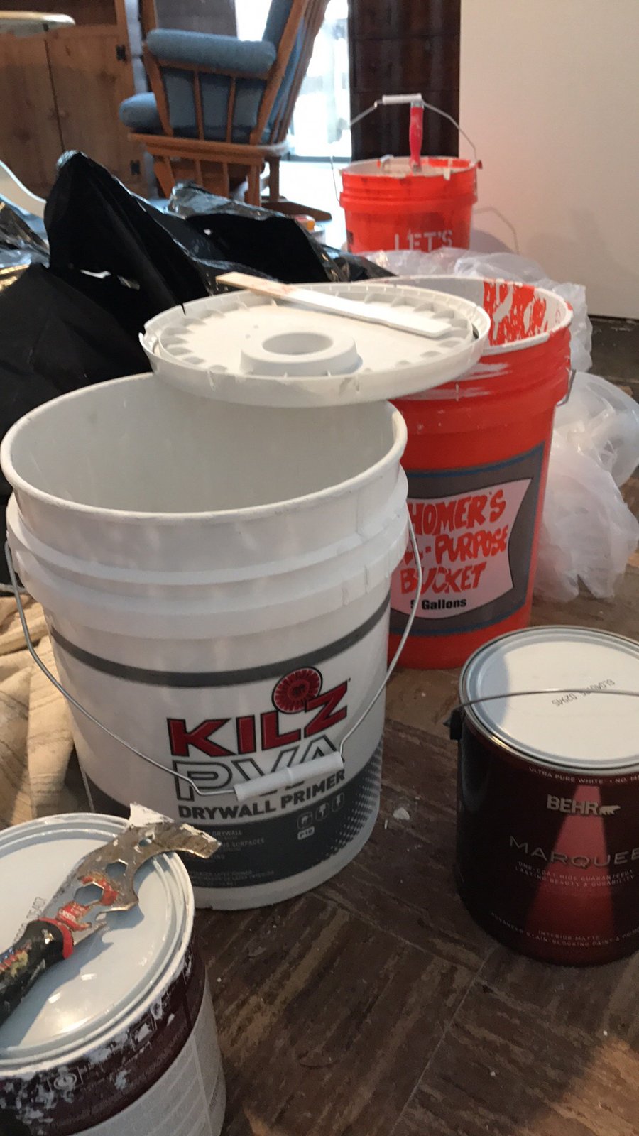 Kilz PVA primer for the patched drywall, Behr Marquee for the topcoat. Staged everything before I started rolling.